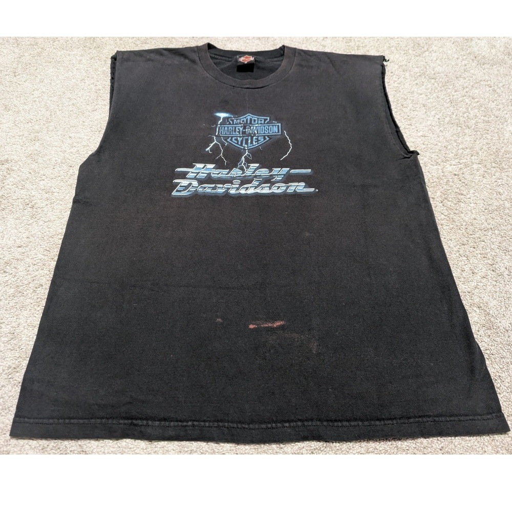 VTG Harley Davidson Muscle Tee Mens 2X Black Chi-Town Lightning Eagle Cut Biker